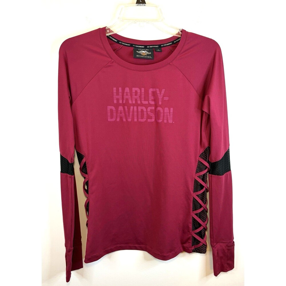HARLEY DAVIDSON Women Performance Long Sleeve Shirt Small Burgundy Mesh Biker